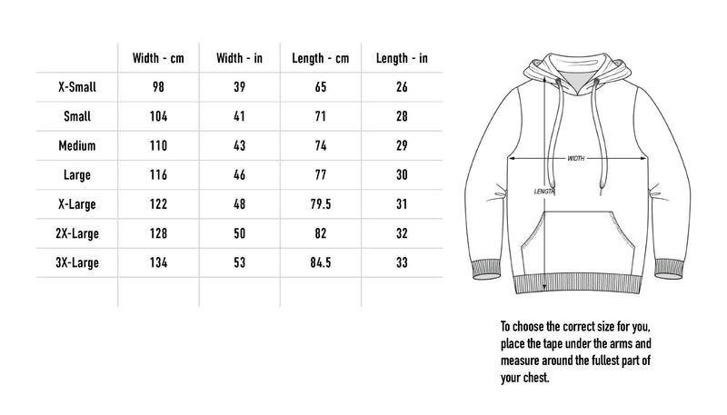 Size chart for My Mistakes Hoodie - Heather Grey