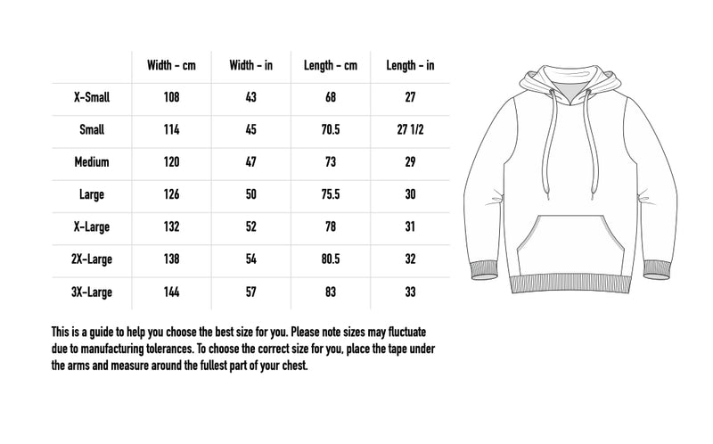 Size chart for My Mistakes Hoodie - Black